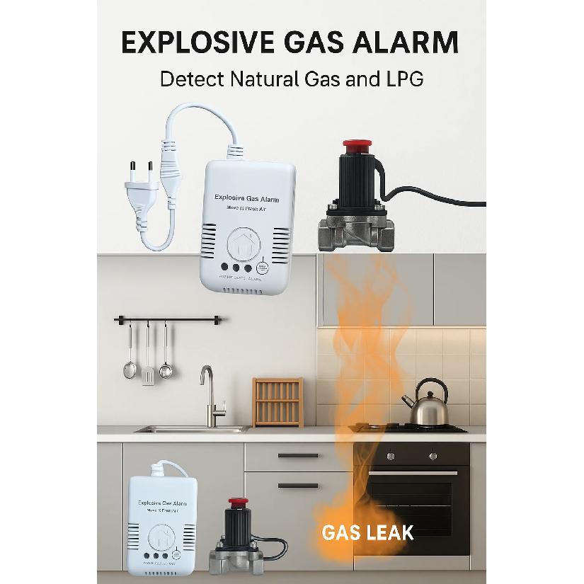EU/US Plug Gas Leak Alarm Detector with DN15 Copper Valve | Natural Gas LPG Methane Sensor with Auto Shut Off