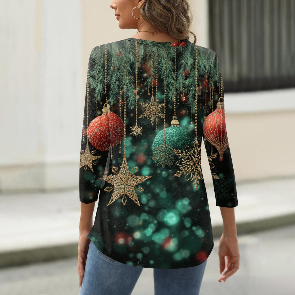 Women's T Shirt Print Button 3/4 Sleeve Daily Weekend Fashion Basic V- Neck Regular Top