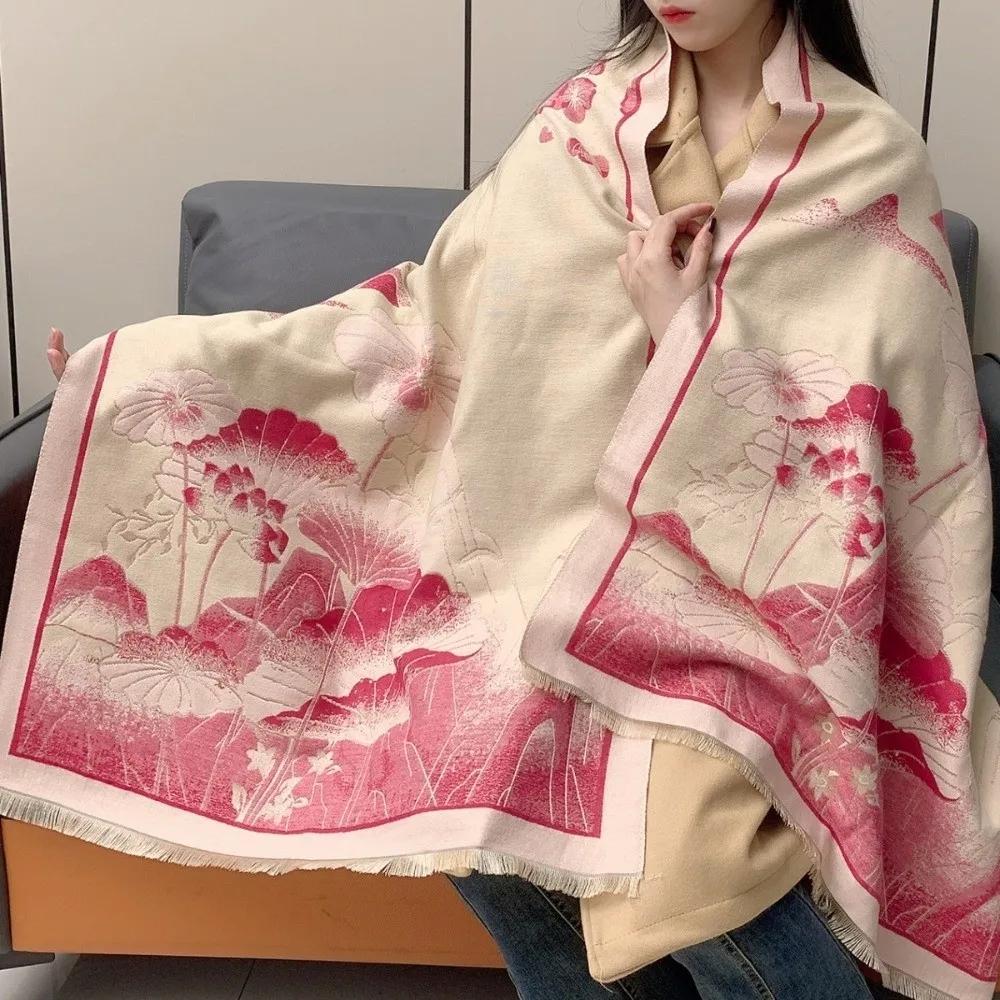 Chinese Style Imitation Cashmere Scarf Ink Painting Theme Double-sided Pashmina Blanket Thick Windproof Poncho Scarves