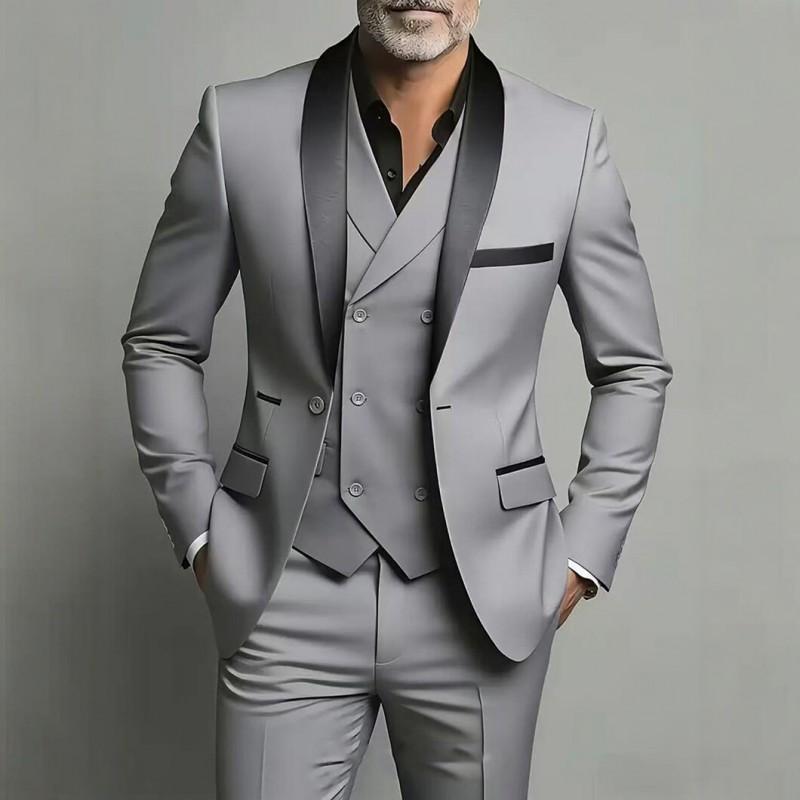 Mens Slim Fit 3-Piece Suit Set With Shawl Lapel Double Vent Tuxedo Wedding Groom Groomsman Formal Event