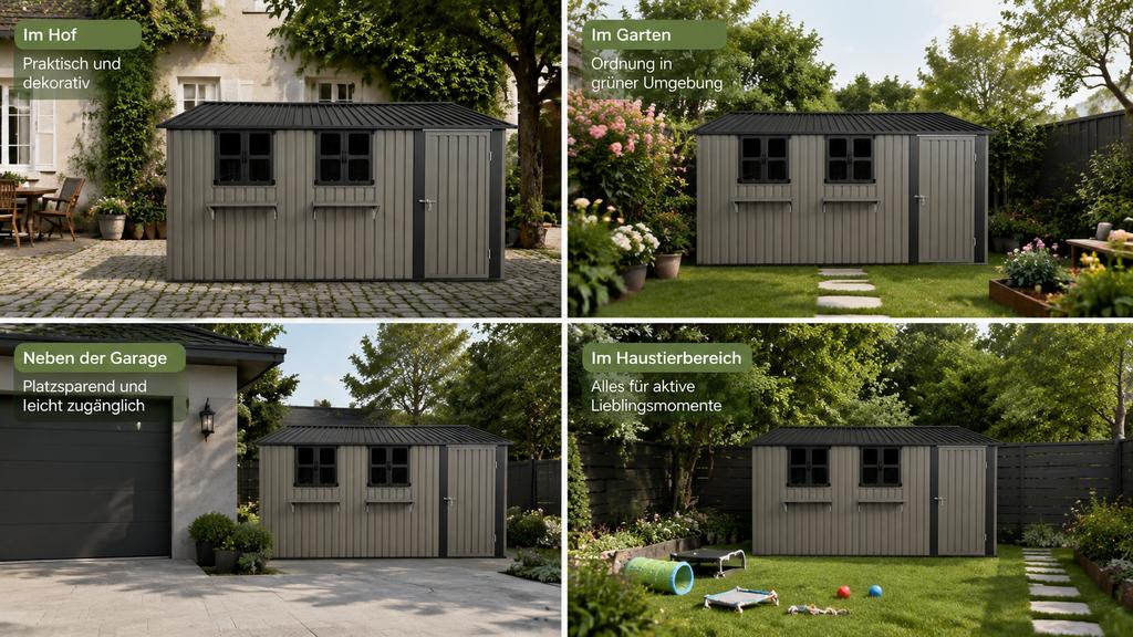 Galvanized Steel Garden House 359.4 cm x 284.2 cm (10.21 m²), Brown, with 3 Openable Windows, Lockable Double Doors and Flower Rack