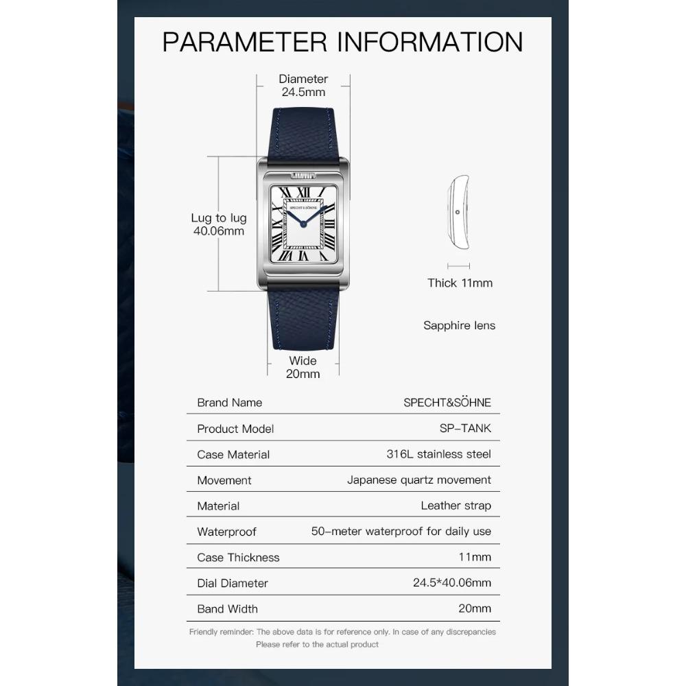 Relógio de Quartzo Quadrado Novo da Moda 2025 Specht & Söhne Dupla Face Relógios Masculinos Aço Inoxidável Cristal de Safira Reloj Hombre 24.5MM