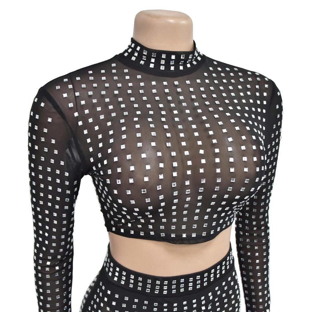 Women's European and American Fashion Solid Color Mesh Two-Piece Skirt Set with Hot Drilling