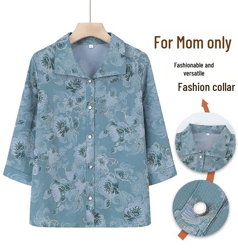 Printed Short-Sleeve Shirt for Middle-Aged Women, Loose Lapel Cardigan for Seniors