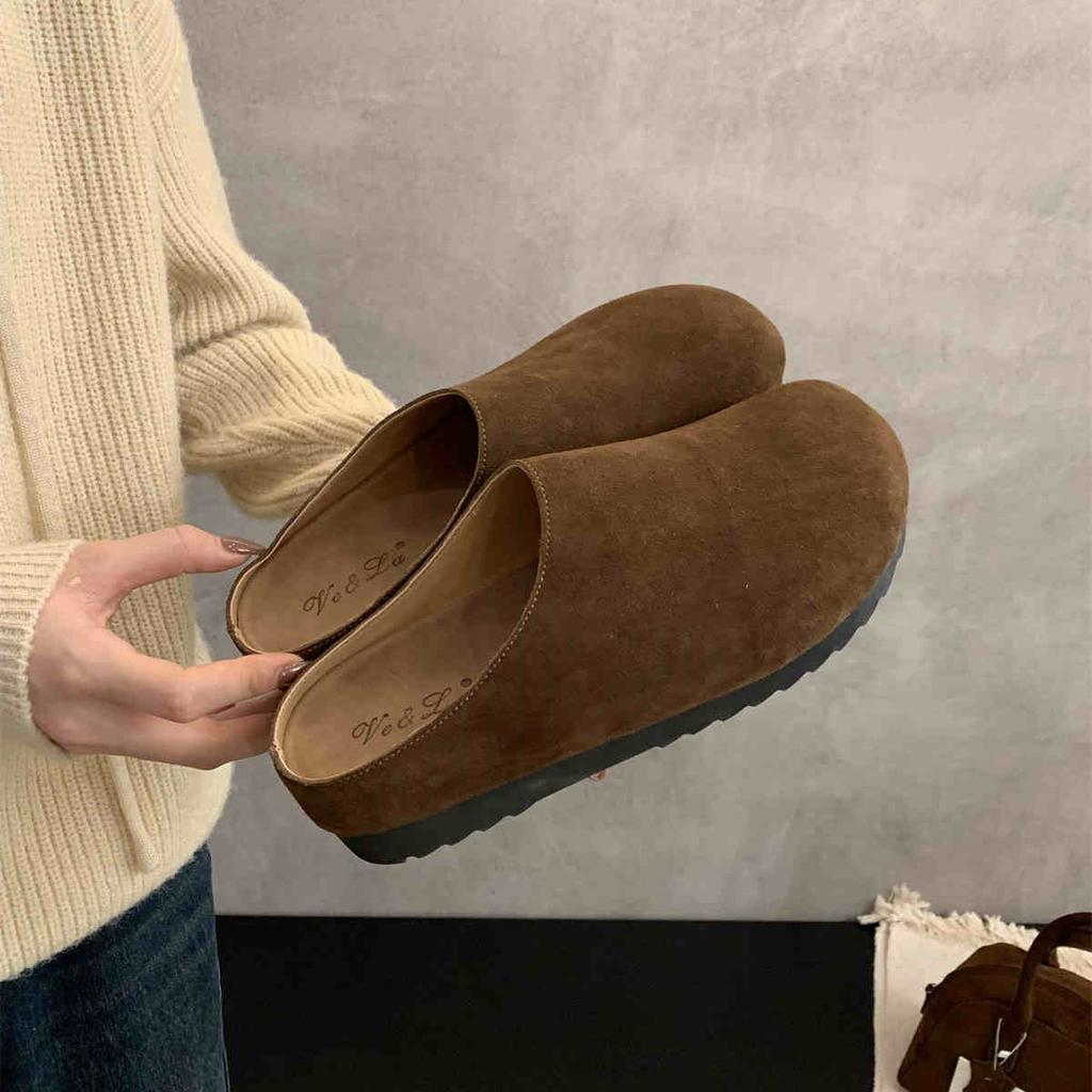 Fashion New Leather Fashion Women's Suede Slip On Mules Clogs Cork Insole Sandals With Arch Support Outdoor Beach Slippers Home Shoes