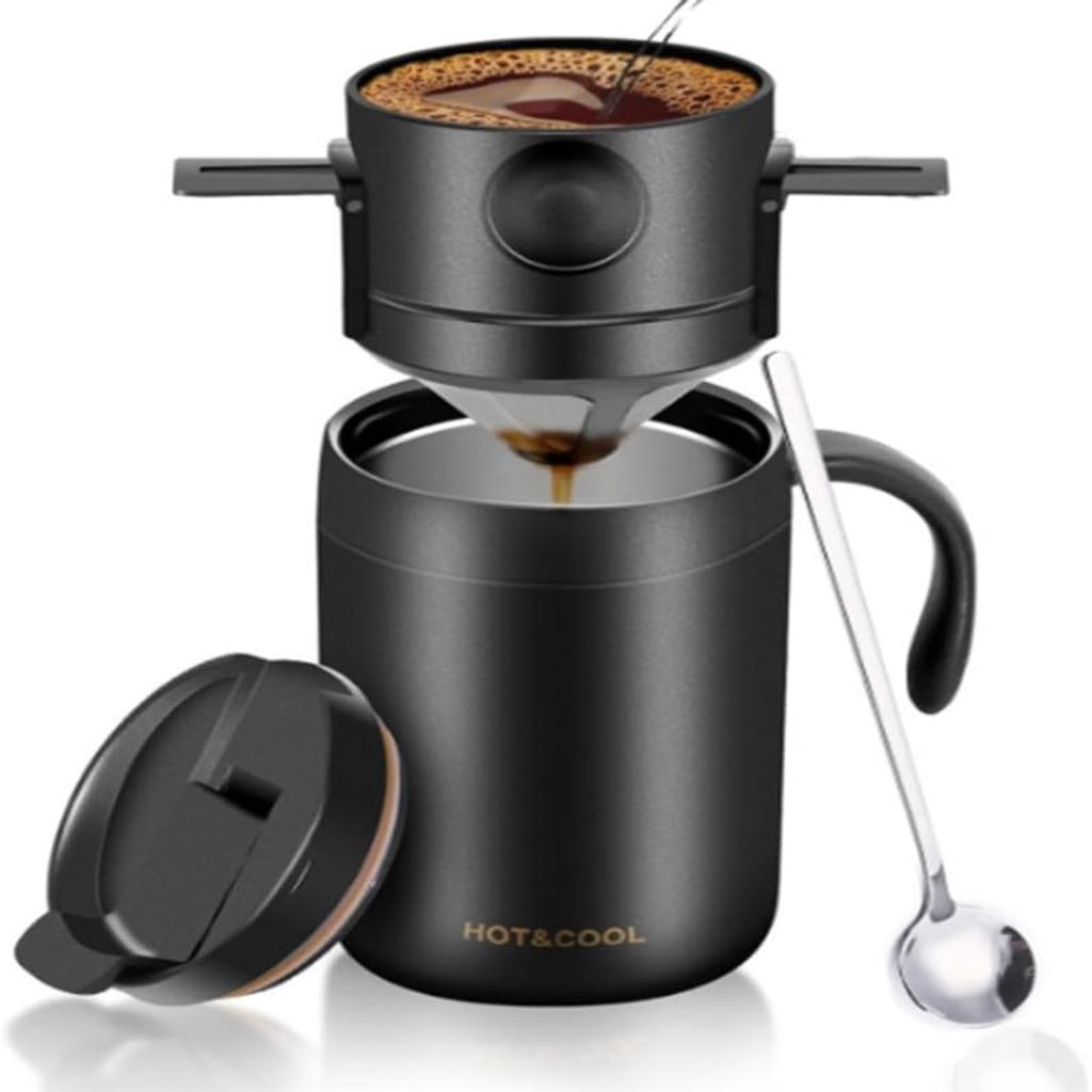 Portable Coffee Appliance Set Including Stainless Steel Coffee Cup and Filter Suitable for Travel Camping Office and Backpack Travel Black