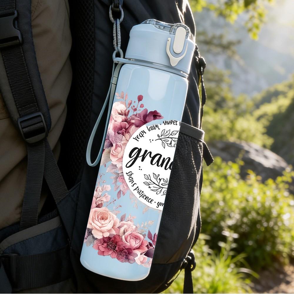 1PC Grandma Vintage Floral Wreath Art 750ml Color Plastic Sports Water Bottle Leakproof Flip Straw Lid Suitable for Sports Office Home Use