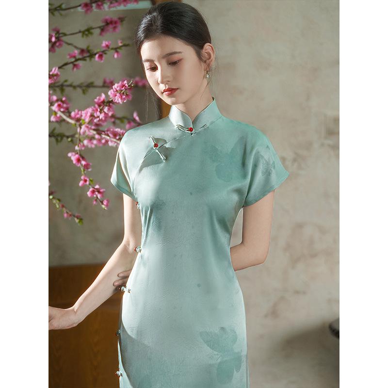 "Streamer Green" long green ancient full-open cheongsam 1011 summer new retro Republic of China style