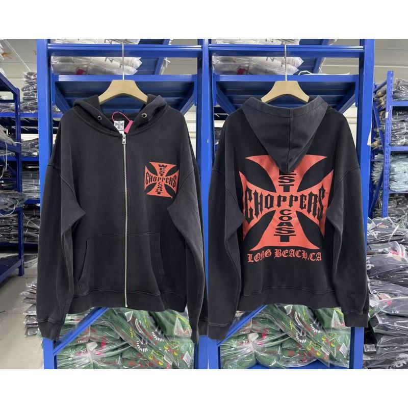 Vintage West Coast Hooded Zip-Up Sweatshirt With Sanskrit Script Print Relaxed Fit Cotton Pullover Men