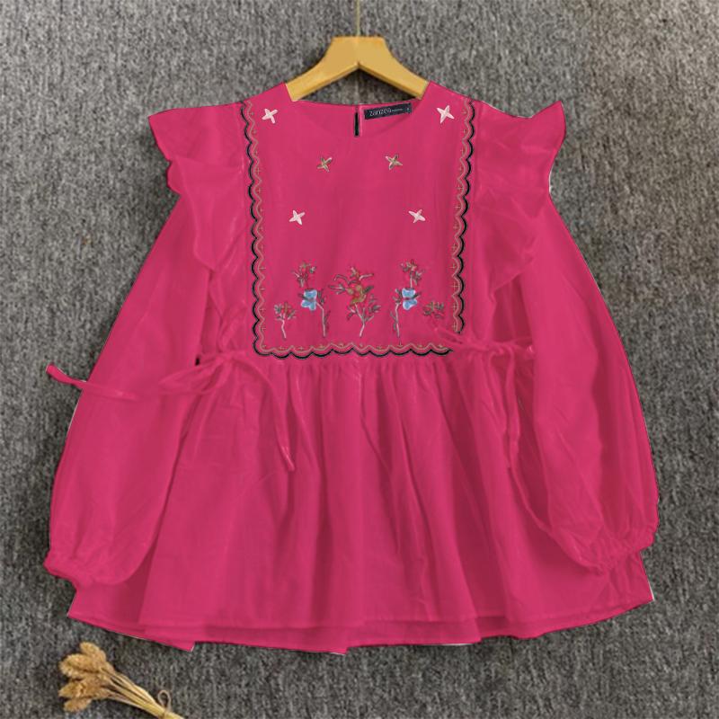 

ZANZEA Женские весенние блузки с круглым вырезом и длинным рукавом с оборками и цветочным принтом S темно-розовый