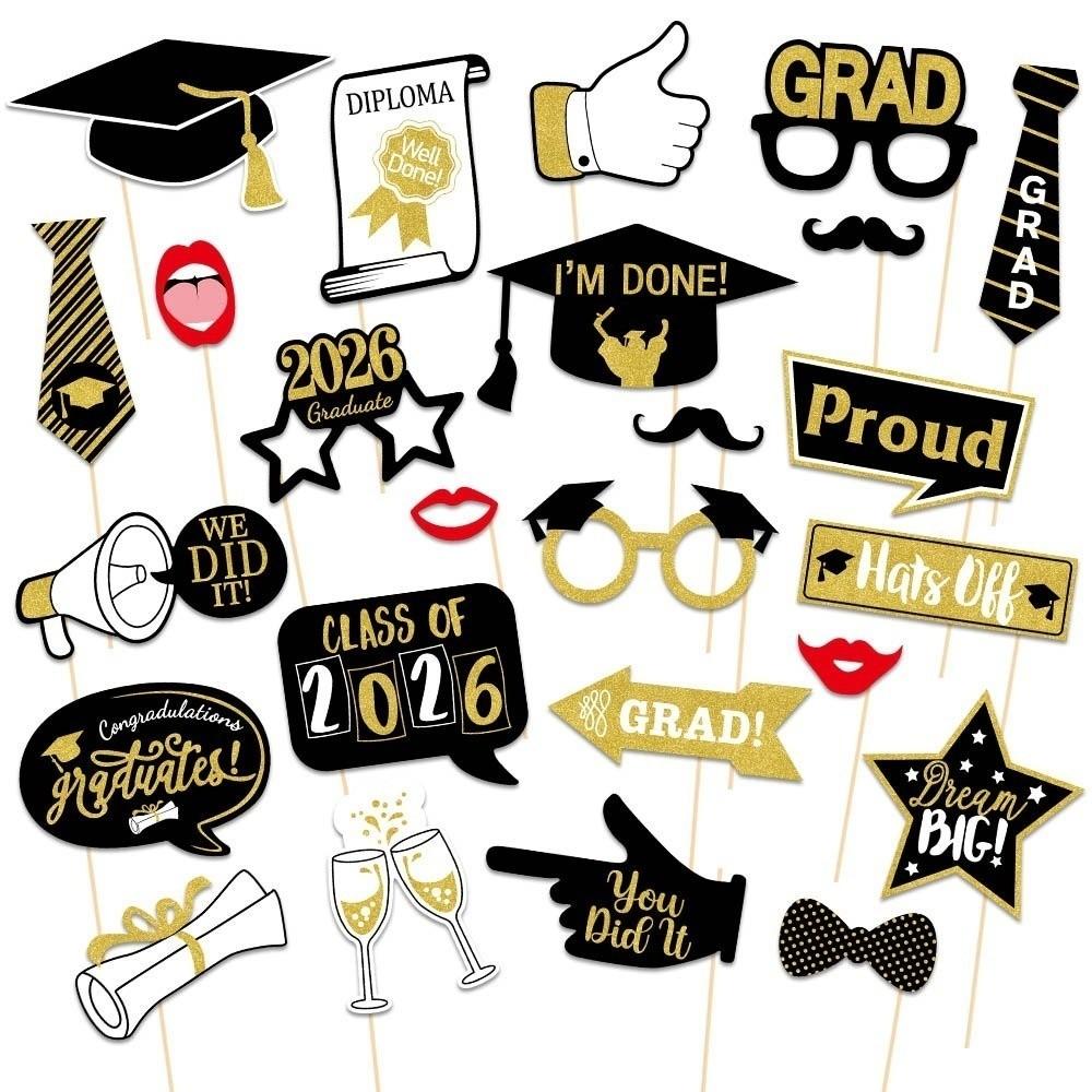 25pcs Congratulation Happy Graduation Decor Black Golden Graduation Cake Topper  Photo Booth