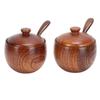 2Set Wooden Bowl Solid Wood Seasoning Jar Japanese with Lid and Spoon Sugar Bowl 2.4x3.5in Retro Seasoning Box Seasoning Storage