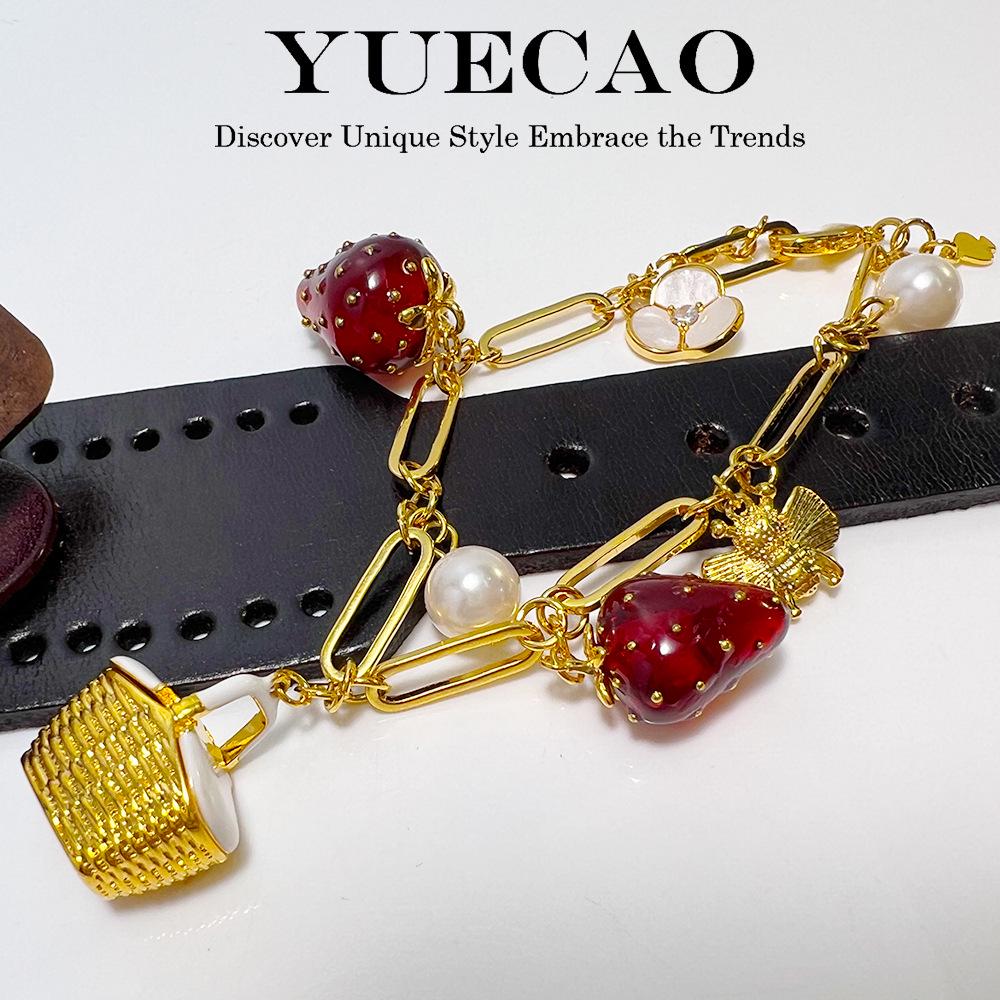 "KS Strawberry Bracelet & Earring Set: Gold-Plated, High-End Design with Fruit Accents"