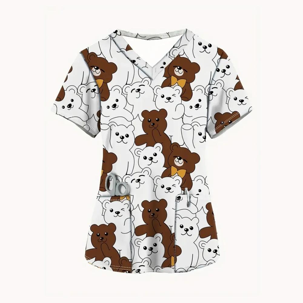 Hauts d'uniforme d'infirmière Animaux de dessin animé pour femmes Uniforme d'infirmière Mode femme Décolleté en V Poche Salopette Uniformes médicaux Uniforme Enfermera