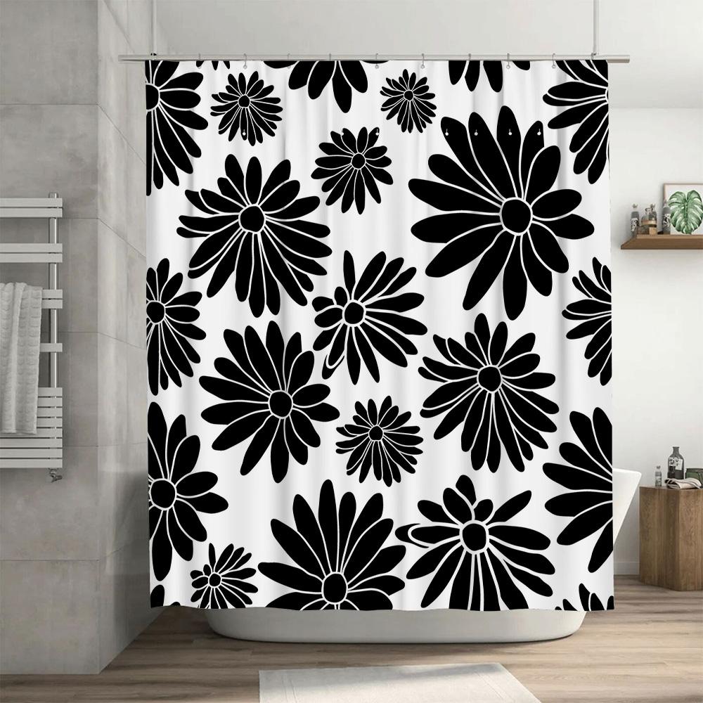 Black White Floral Shower Curtain Bathroom Decor Waterproof Fabric With Hooks Set For Bathtub Or Tub Perfect Gift Idea