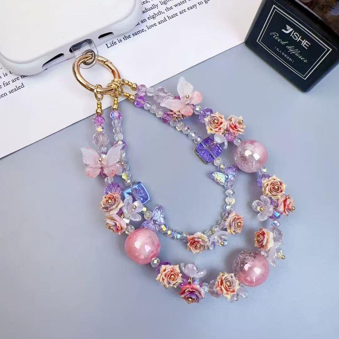 Handmade Crystal Beaded luxury floral Phone Chain Keychain mobile Phone Accessory high class aesthetic butterfly Design Chain розовый