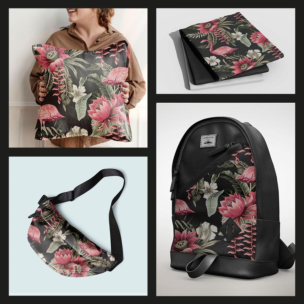 Outdoor Dekostoffe Oxford - Motiv Rosa Flamingo Auf Schwarzem