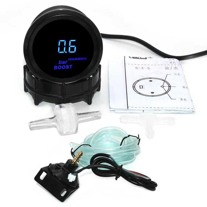 52mm Digitalanzeige mit blauem Hintergrund Ladedruck PSI BAR Öldruck Öl Wassertemperatur Voltmeter Drehzahlmesser RPM-Anzeige mit Warnleuchte