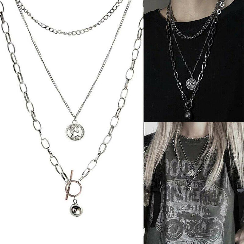 

Women Men Silver Gold Rock Gothic Party Jewelry Chain Necklace Coin Pendant Metal Ball Punk Choker срібний