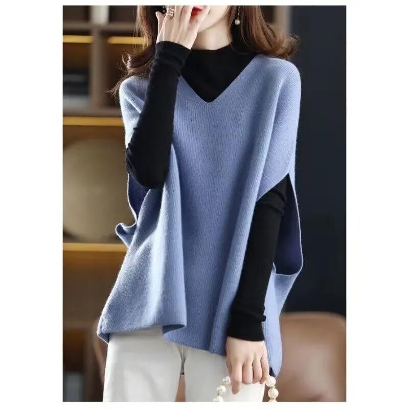 Women's Solid-Color Knit V-Neck Batwing Vest Loose-Fit Casual Top for Spring and Fall
