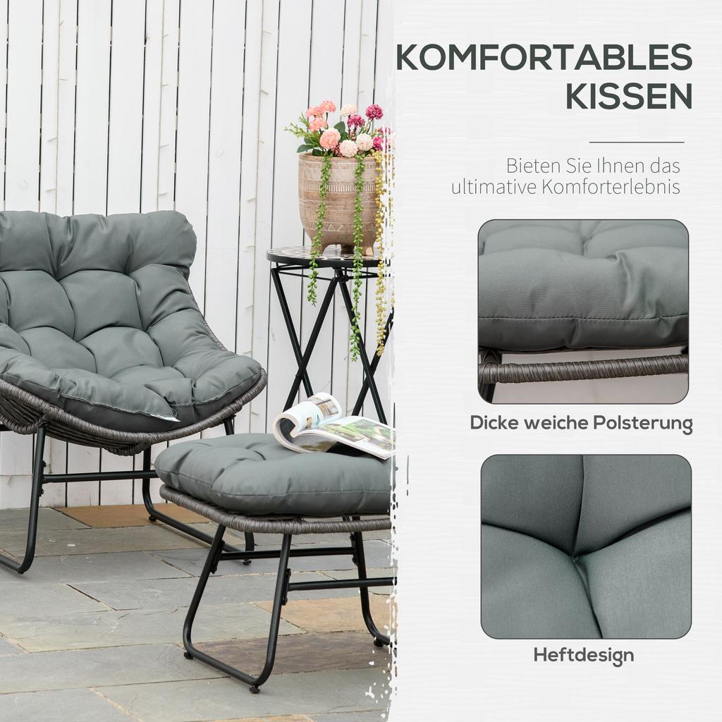 Sedia Relax in Rattan con Poggiapiedi, Sedia da Giardino con Cuscini Spessi Sedia in Rattan da Esterno Sedia da Giardino per Giardino, Balcone, Patio Grigio