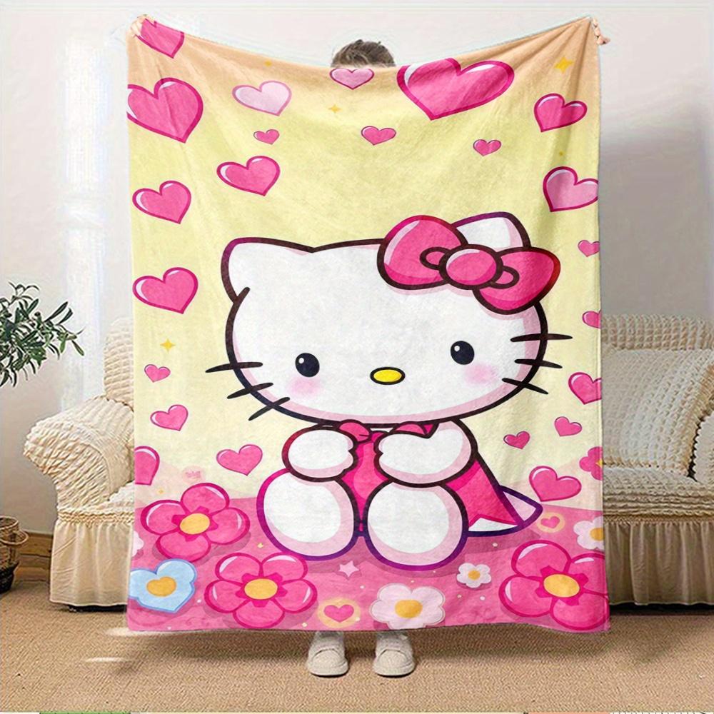 For Kitty, Hearts, FlowersAnime-Themed Flannel Blanket, Glam Style, Digital Print, All-Season Comfort, Tear-Resistant, Knitted Craftsmanship