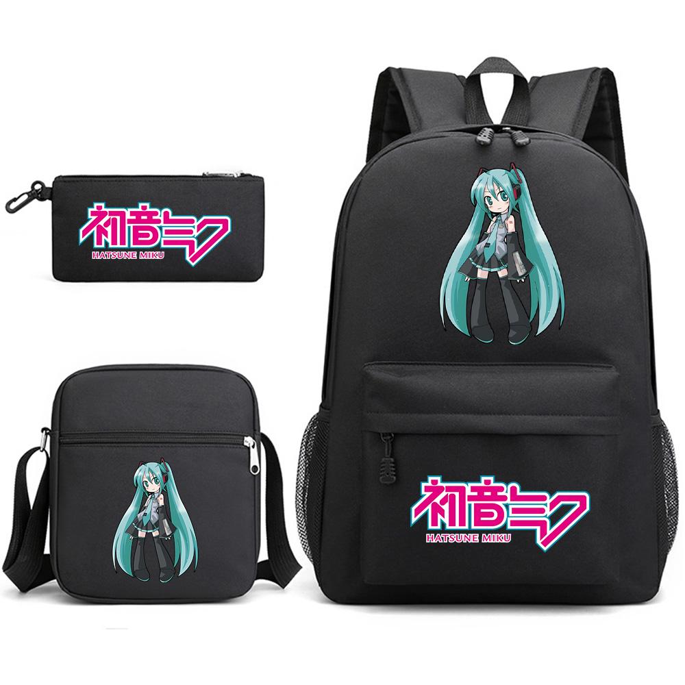 3Pcs/set Anime Cartoon Hatsune Miku Printed Backpack with Shoulder Bag Pencil Case for Teenager Student Boy Girl Large Capacity Waterproof School Bag