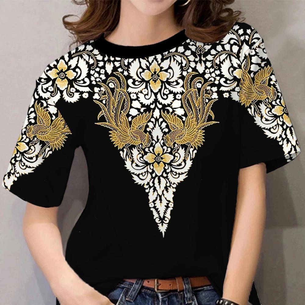 Женский ретро-топ с принтом в этническом стиле, большого размера, с круглым вырезом и коротким рукавом XXS