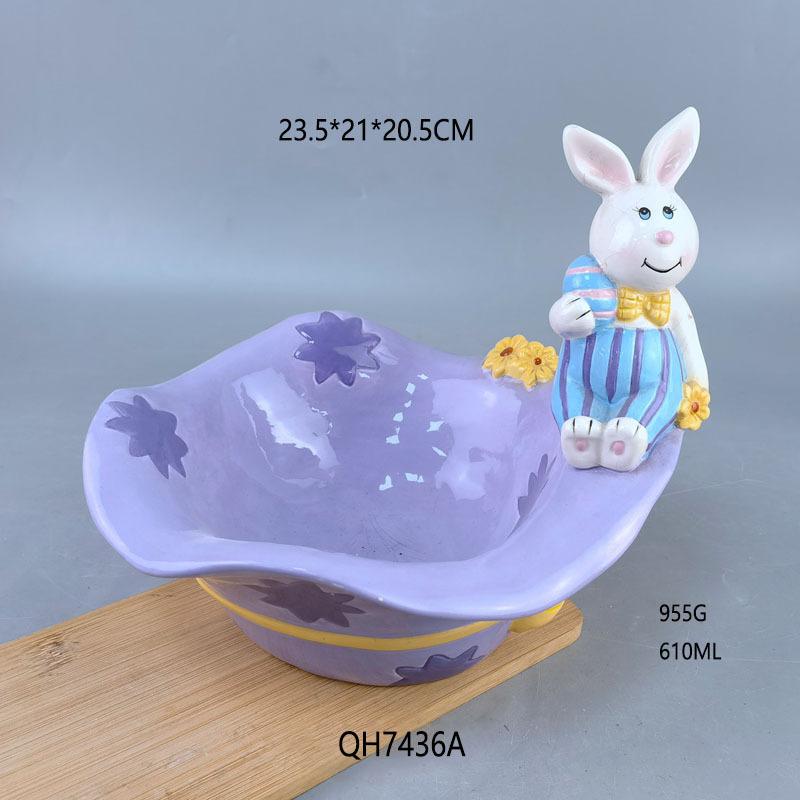 Creative Straw Hat Bunny Easter Ceramic Candy Bowl, Hand Painted Salad Bowl Candy Cookie Bowl Storage Bowl Ceramic straw hat rabbit candy bowl