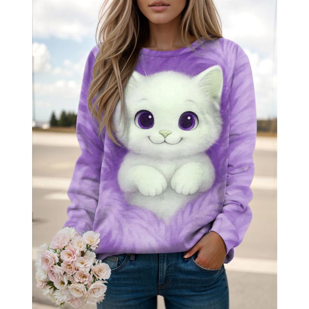 Tops for Women Cat Print Round Neck Long Sleeve T-shirt Fall Casual Slim Pullover Women's Long Sleeve Top