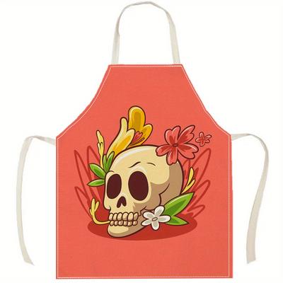 Sugar Skull Flowers Apron Vintage Floral Skeleton Kitchen Cooking Baking BBQ Chef Gothic Gift For Women Men Linen Bib Apron