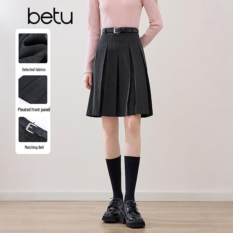 

betu Women s 2025 Autumn High-Waist Pleated Midi Skirt with Belt S