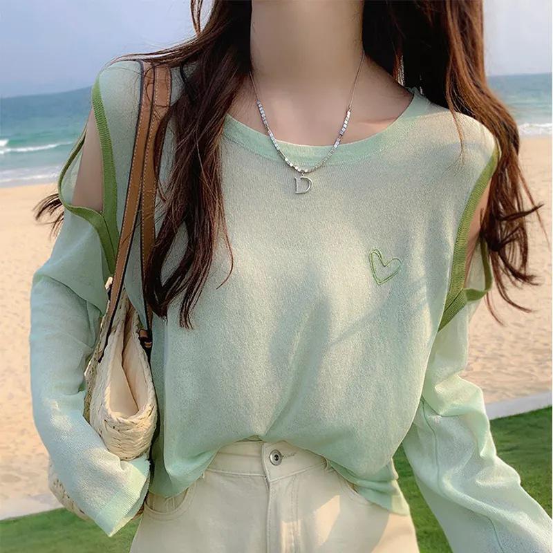 

Женский летний кардиган из ледяного шелка с открытыми плечами – Новинка 2024, свободный пуловер с длинным рукавом и круглым вырезом S мятный зеленый