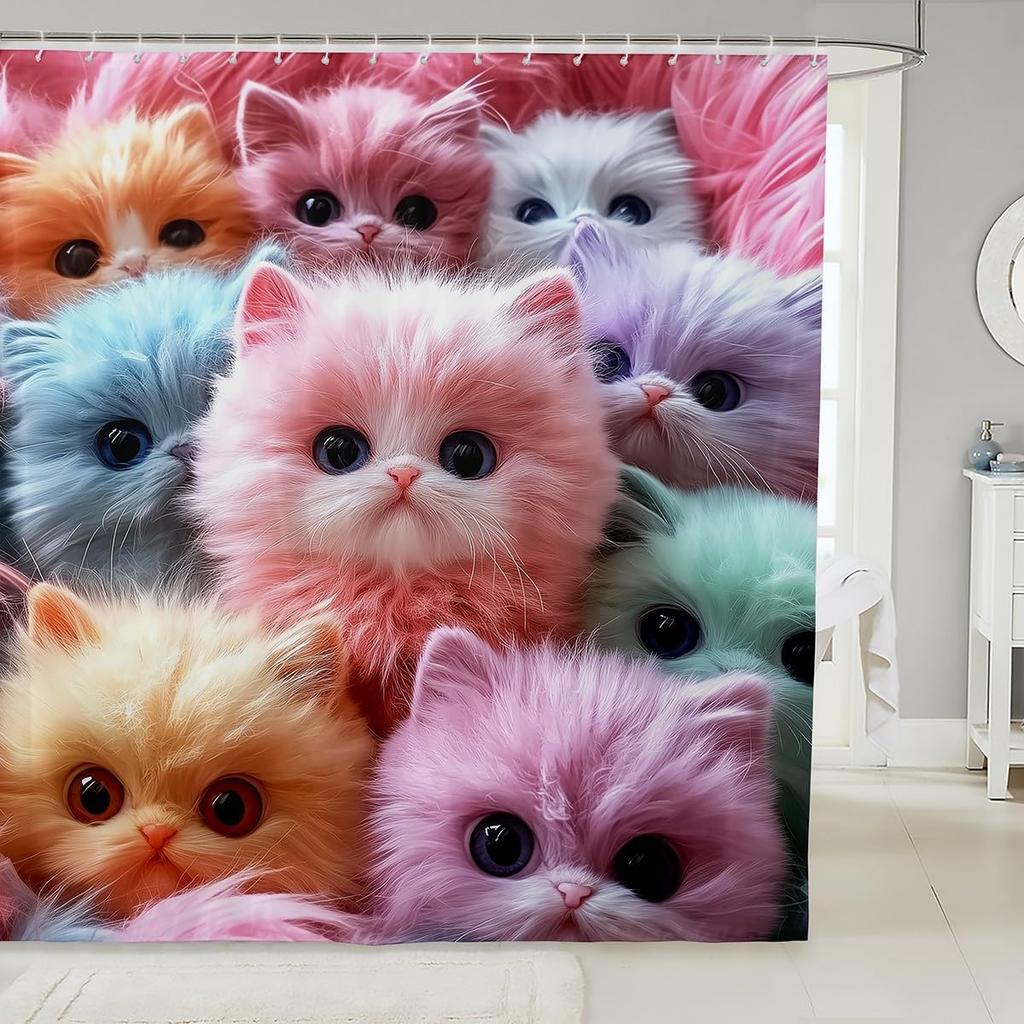 Plain White Cat Fabric Shower Curtain for Girls Cute Kitten Shower Curtain Pet Kitten Bathroom Shower Curtain Sets for Kids Boys