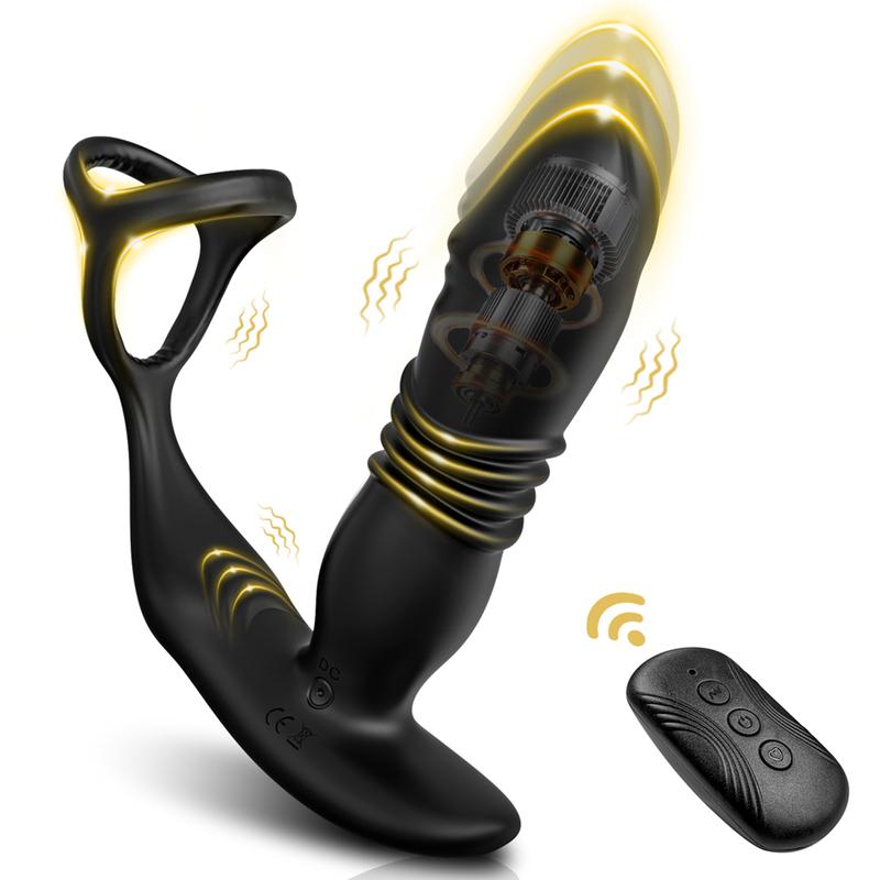 Male Prostate Massager Anal Dildo Telescopic Vibrator Remote Control Vibrating Butt Plug with Penis Cock Ring Sex Toy for Gay