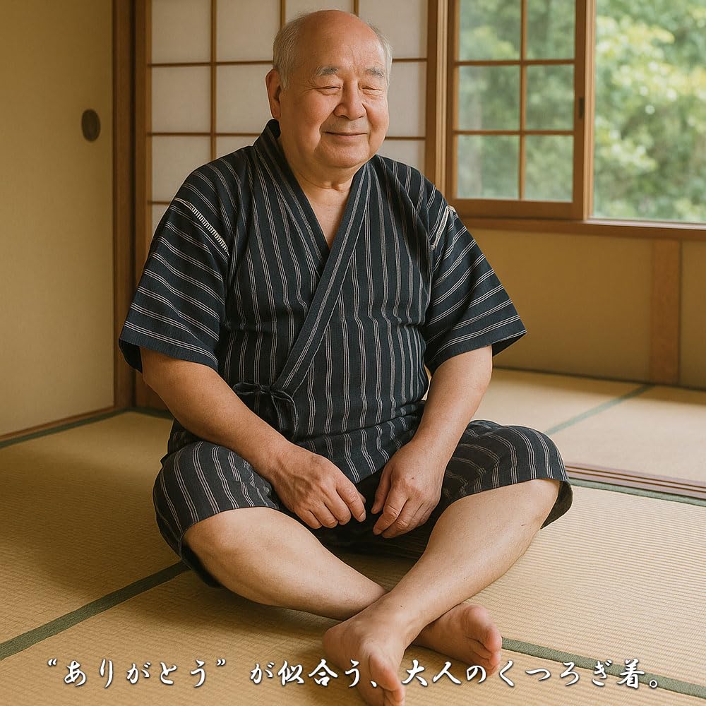 Übergröße Jinbei Oberteil und Hose Größen und Uni und Japanisch 10000481 Herren Set, M, L, LL, 3L, 4L, 5L, Gestreift, Muster, Stilvoll, Jinbei, (Marineblau.3, 3L)