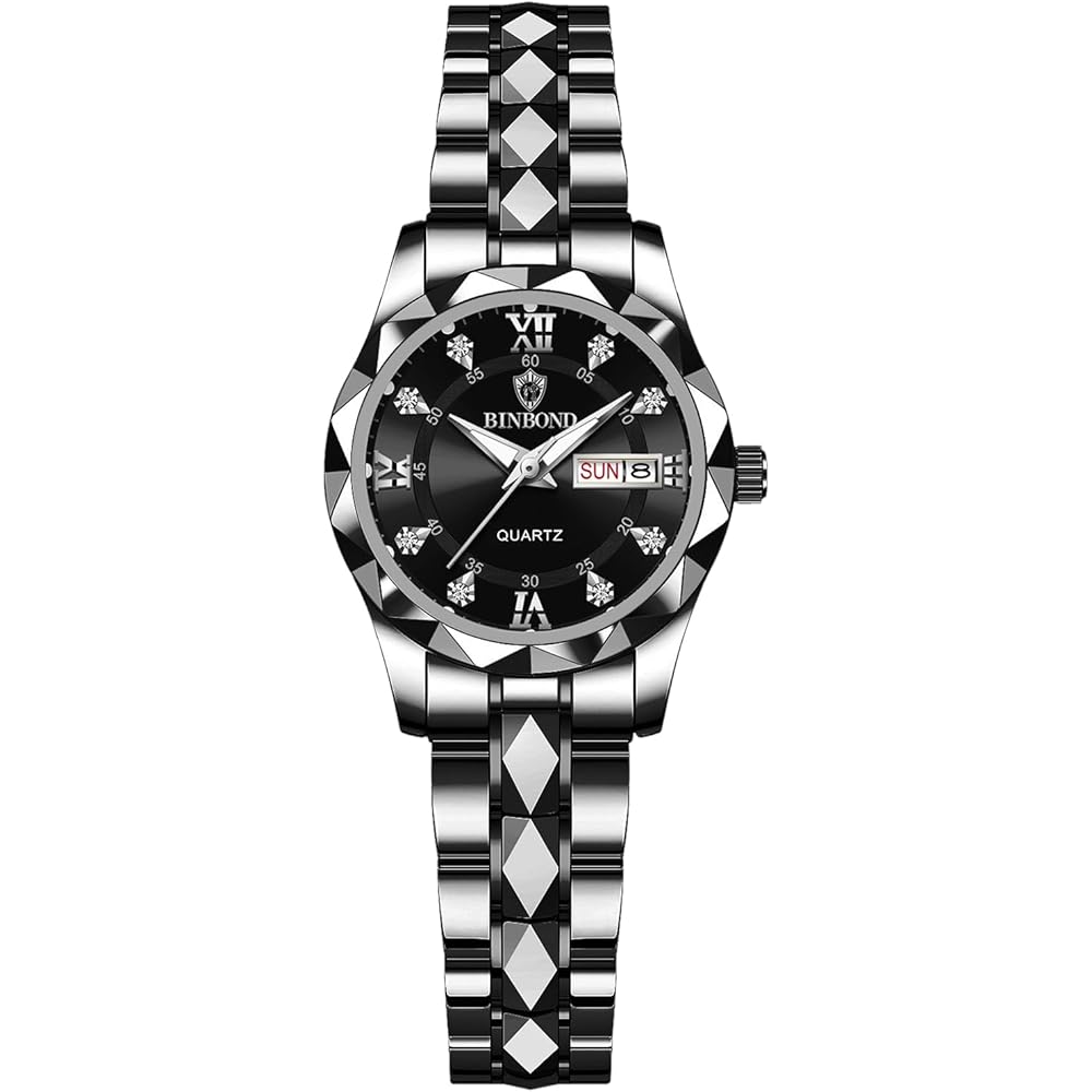 "Stainless Steel Women's Waterproof Watch Black Dial Luminous Calendar Function Pair Business Gift"