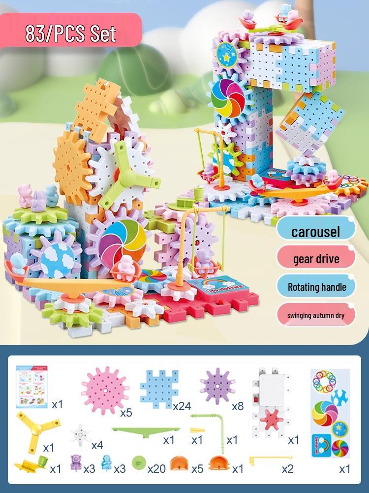 Electric Rotating Gear Building Blocks Puzzle for Kids 3-6, Educational Toy Set with Large Interlocking Pieces