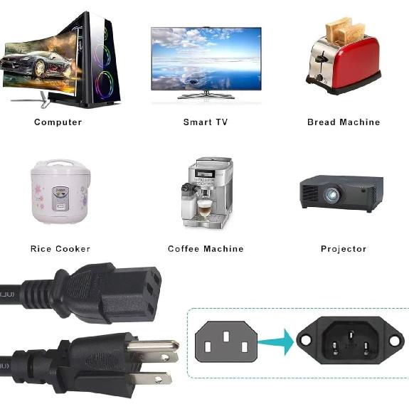 Standard 5ft (1.5m) 10 Amps 250 Volts Black 3 Prong AC Power Cord Cable for Electronics, TV, Computer, Printer, Radio, Monitor, Samsung, Dell, Vizio,