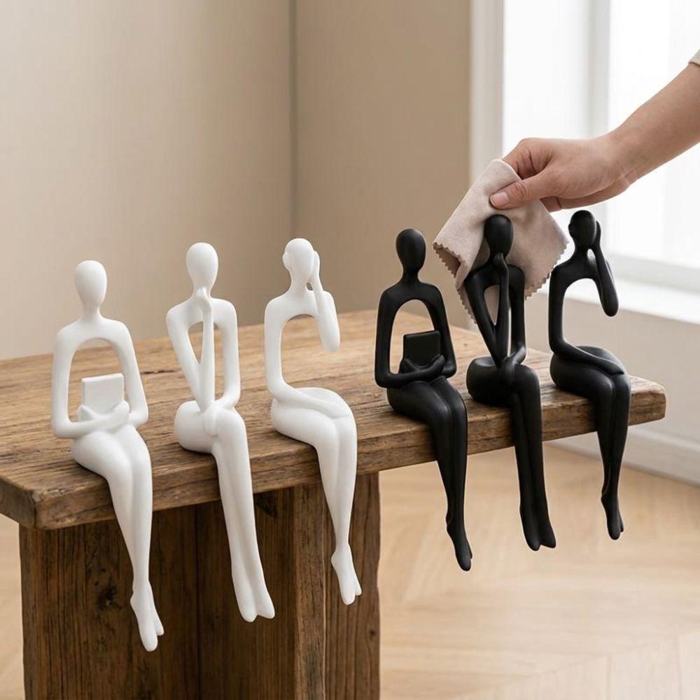 Ensemble de 3 Sculptures Humaines Assises Abstraites Imprimées en 3D Ornement Artistique Figurine Minimaliste Bureau