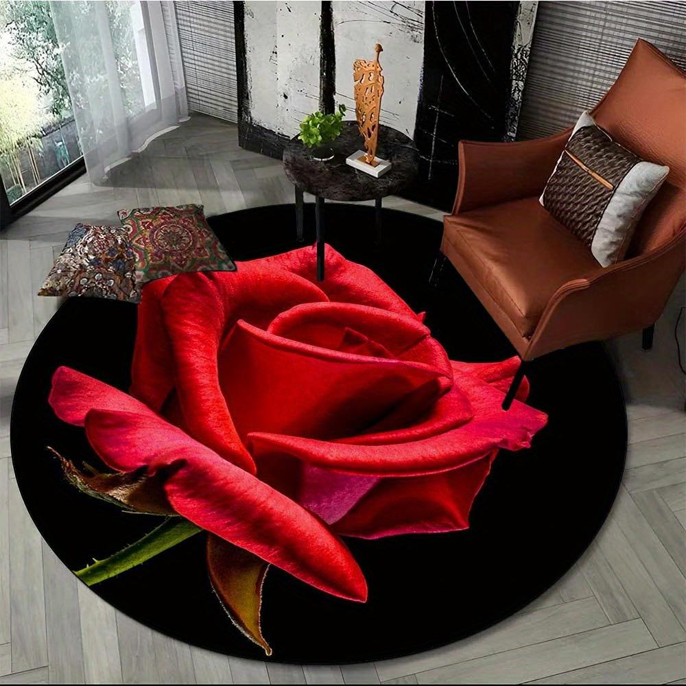Velvet Red Rose Round Rug - Valentine's Non-Slip Carpet for Living Room, Bedroom, Sofa & Home Decor
