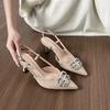 2025 New One-word Rhinestone Double B-buckle High-heeled Single Shoes Nude Patent Leather Pointed-toed Thin-heeled Sandals Baotou Sandals