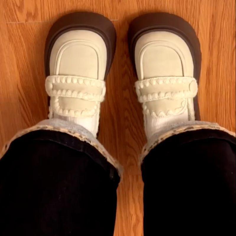 White British Muffin Platform Small Leather Shoes Women's 2025 Winter New Cotton Shoes Retro Velvet One-pedal Loafers