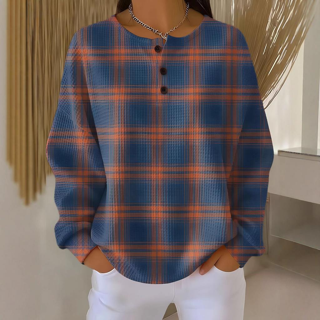 Women's Crew Neck Long Sleeve Waffle Knit Henley Top Loose Fit Casual Sweatshirt