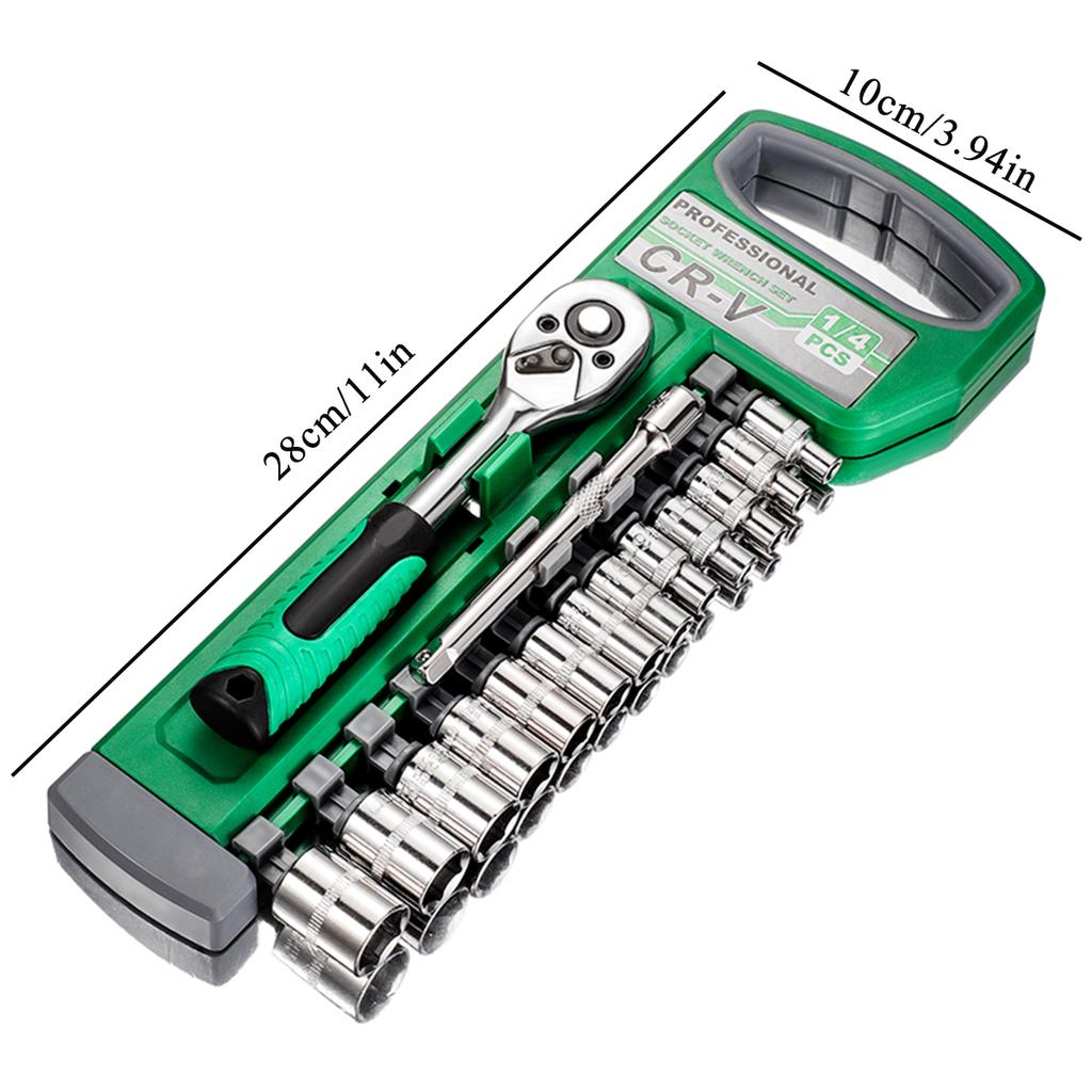 15 Piece Set 1/4 Ratchet Wrench Socket Set Standard 24 Teeth, Including 100MM Extension Rod, Short Socket, Ratchet Wrench