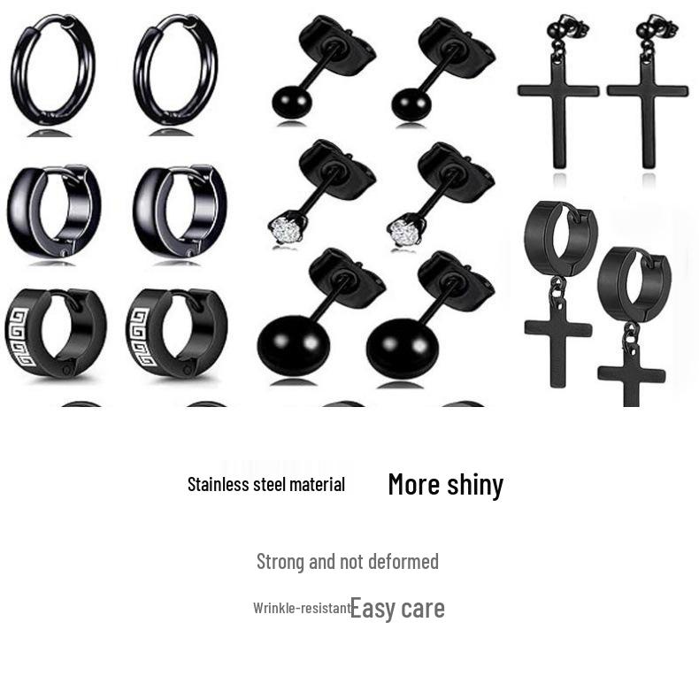Herren-Ohrring-Set mit Ohrsteckern und Anhängern in Schwarz, Edelstahl und Zirkonia, Kreuzform
