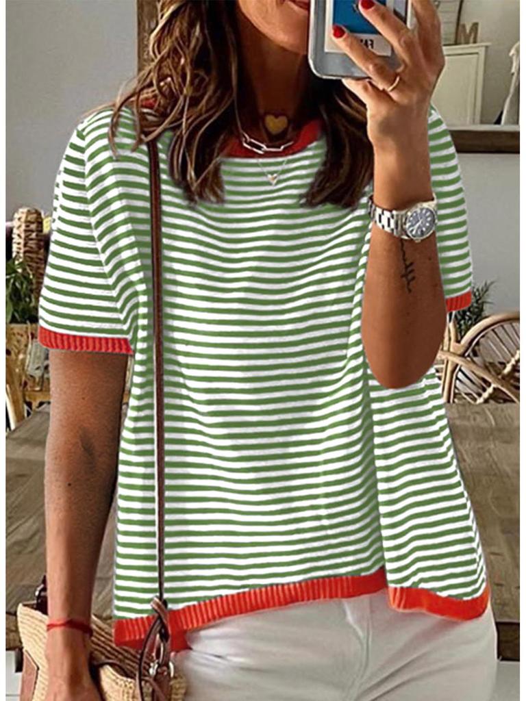 2025 Striped Contrast Knit Sweater: European/American Style, Drop Shoulder, Short Sleeve Top