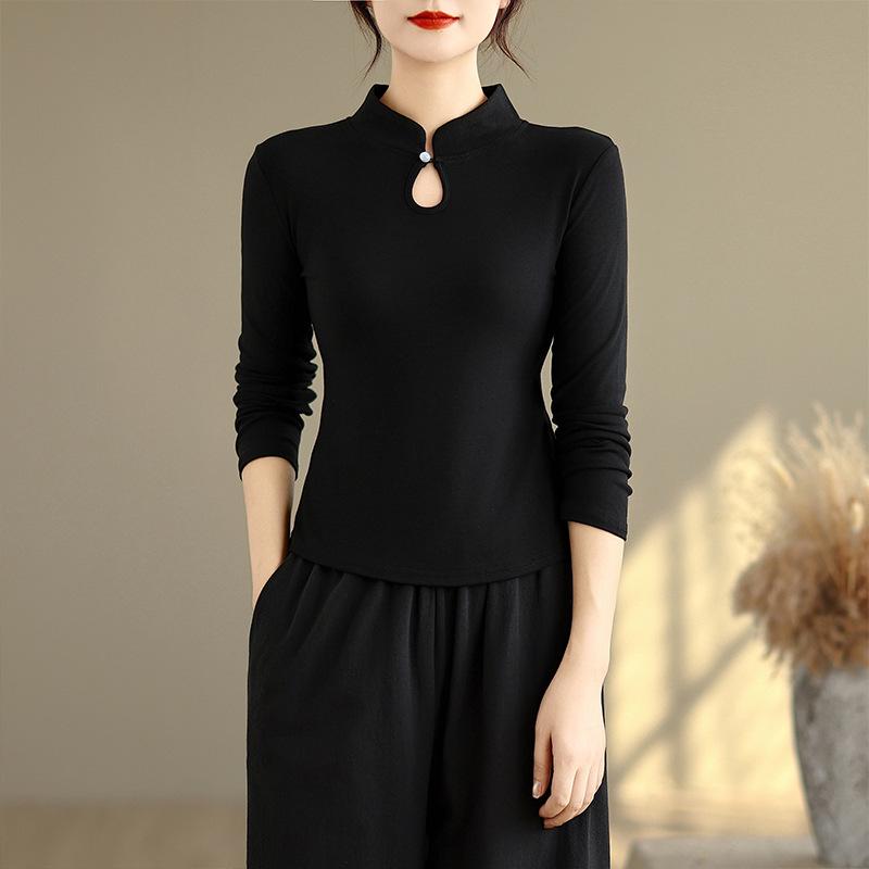 Women's Chinese Style Plush Long-Sleeve Slimming T-Shirt, Thickened Base Layer