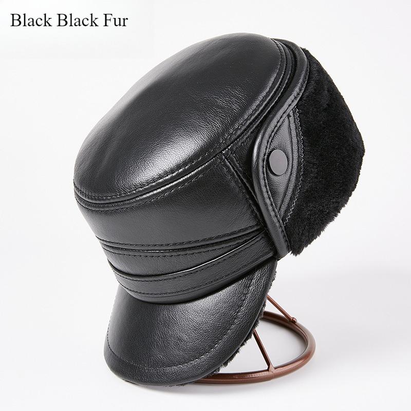 Men’s Genuine Cowhide Leather Ushanka Hat, Thick Warm Winter Earflap Cap for Middle-Aged and Elderly Men