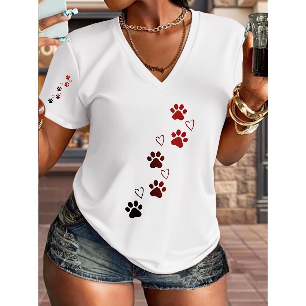 V-neck Printed T-shirt Cute Paw Print and Love Embellishment Casual Fashion Design, New In Summer